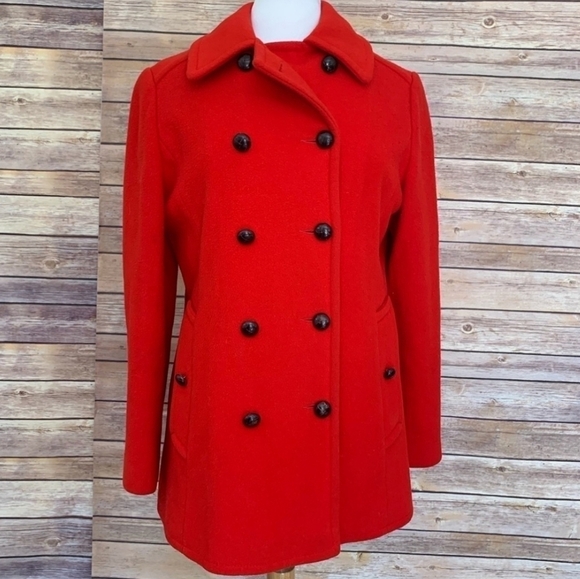 Vintage 80s-90s Mackintosh Authentic PeaCoat Red Wool Double Breasted Size 6 - Picture 1 of 16